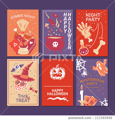Halloween party promo sale social media template with magic elements. Cauldron with potion, magic hat, bat, skull, candle, pumpkin, magic ball, cards, ghost. Poster, banner, special offer. Vector Halloween party promo sale social media template with magic elements. Cauldron with potion, magic hat, bat, skull, candle, pumpkin, magic ball, cards, ghost. Poster, banner, special offer. Vector 111583956