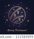Gold illustration of Christmas symbol Fir Tree Branch with Cones line Icon concept. Flat vector sign, outline illustration isolated on gradient Background from Magic light blue to black. Vector 111583959