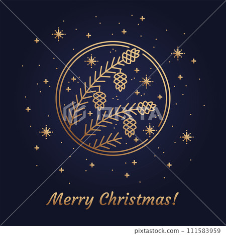 Gold illustration of Christmas symbol Fir Tree Branch with Cones line Icon concept. Flat vector sign, outline illustration isolated on gradient Background from Magic light blue to black. Vector 111583959