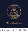 Vector Gold Line Art illustration of Christmas symbol Christmas Trees with Star, Rows and Snowflakes Icon concept. Flat vector sign, outline illustration isolated on Magic Navy Blue Background. Vector 111583962