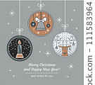 Merry Christmas and Happy New Year Greeting Card with Line Art Candle, Rays, Jingle Bell, Christmas Toys, Reindeer and Festive Background with Snowflakes. Outline greetind card or invitation. Vector 111583964