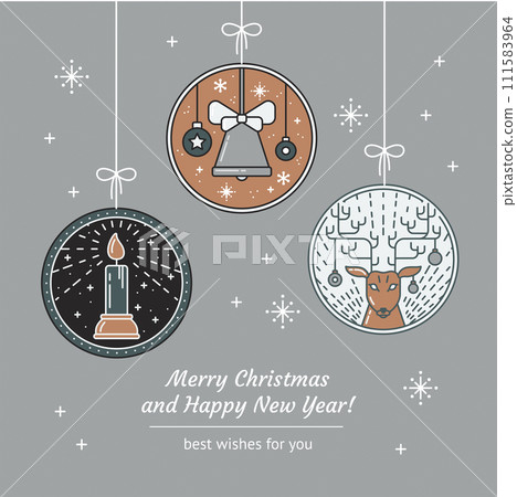 Merry Christmas and Happy New Year Greeting Card with Line Art Candle, Rays, Jingle Bell, Christmas Toys, Reindeer and Festive Background with Snowflakes. Outline greetind card or invitation. Vector Merry Christmas and Happy New Year Greeting Card with Line Art Candle, Rays, Jingle Bell, Christmas Toys, Reindeer and Festive Background with Snowflakes. Outline greetind card or invitation. Vector 111583964