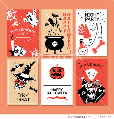 Halloween party promo sale social media template with magic elements. Cauldron with potion, magic hat, bat, skull, candle, pumpkin, magic ball, cards, ghost. Poster, banner, special offer. Vector Halloween party promo sale social media template with magic elements. Cauldron with potion, magic hat, bat, skull, candle, pumpkin, magic ball, cards, ghost. Poster, banner, special offer. Vector 111583966