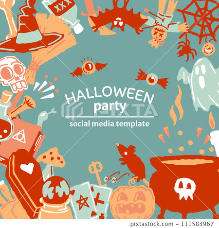Halloween party promo sale social media template with magic elements. Cauldron with potion, magic hat, bat, skull, candle, pumpkin, magic ball, cards, ghost. Poster, banner, special offer. Vector Halloween party promo sale social media template with magic elements. Cauldron with potion, magic hat, bat, skull, candle, pumpkin, magic ball, cards, ghost. Poster, banner, special offer. Vector 111583967
