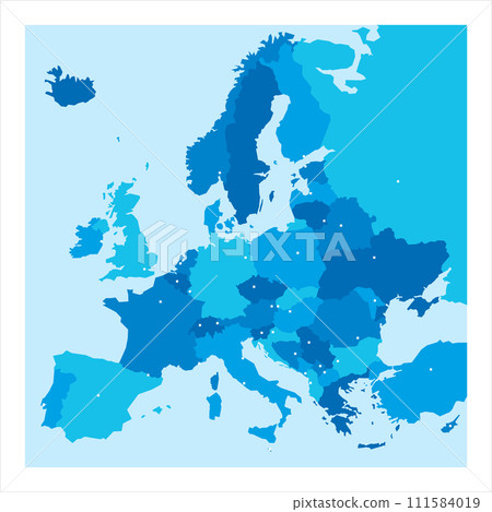 Political map of Europe. Blue colored blank vector map with capital cities of european countries. 111584019