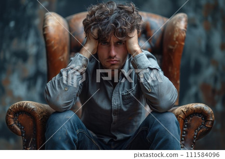 Portrait of a man holding his head in despair 111584096