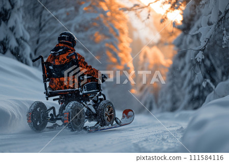 A man in a wheelchair with skis outside in winter A man in a wheelchair with skis outside in winter 111584116