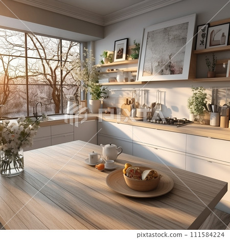 AI-generated content. The sun's rays illuminate the kitchen's interior, reflecting off the hardwood ceiling and emphasizing the warm wood cabinetry and countertop. A plant brings life into the space. AI-generated content. The sun's rays illuminate the kitchen's interior, reflecting off the hardwood ceiling and emphasizing the warm wood cabinetry and countertop. A plant brings life into the space. 111584224