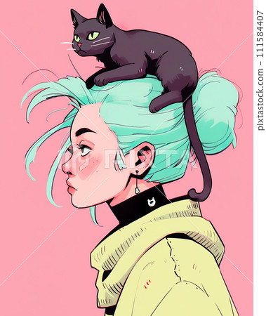 Young Woman With Turquoise Hair and Black Cat Sitting on Her Head 111584407