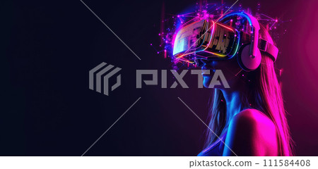 Young sexy woman uses headset for virtual reality on dark background, portrait of adult girl with VR glasses in neon light. Concept of futuristic technology, metaverse, Young sexy woman uses headset for virtual reality on dark background, portrait of adult girl with VR glasses in neon light. Concept of futuristic technology, metaverse, 111584408