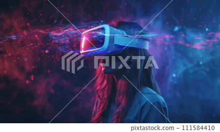 Young woman uses headset for virtual reality on dark background, portrait of adult girl with VR glasses in neon light. Concept of futuristic technology, metaverse, people 111584410