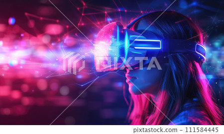 Adult girl uses VR glasses on neon background of cyberpunk city, young woman playing virtual reality. Concept of futuristic technology, digital future, metaverse and cyber World 111584445