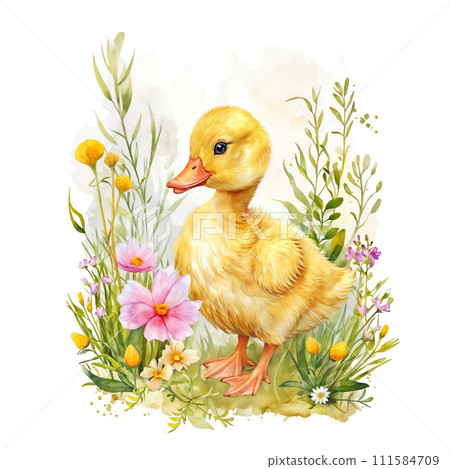 Watercolor illustration of a cute duckling with flowers and grass. Watercolor illustration of a cute duckling with flowers and grass. 111584709