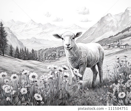 Black and White Illustration of a Lamb in a Mountainous Landscape 111584751