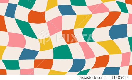 Distorted wavy checkered colorful background in retro groovy style. Abstract twisted chessboard vector pattern. Vintage trippy design in 70s-80s hippie style. Psychedelic flow grid. Distorted wavy checkered colorful background in retro groovy style. Abstract twisted chessboard vector pattern. Vintage trippy design in 70s-80s hippie style. Psychedelic flow grid. 111585024