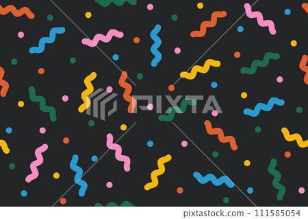 Fun seamless pattern with colorful confetti on black backdrop. Multi colored abstract festive background. Pop art style textures. Funky vector design. Flat design, cartoon. Fun seamless pattern with colorful confetti on black backdrop. Multi colored abstract festive background. Pop art style textures. Funky vector design. Flat design, cartoon. 111585054