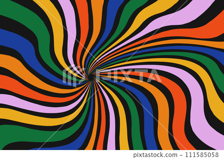Psychedelic distorted twisted colorful ray pattern on black background. Groovy abstract design in 60-70s style. Retro sunburst backdrop Psychedelic distorted twisted colorful ray pattern on black background. Groovy abstract design in 60-70s style. Retro sunburst backdrop 111585058
