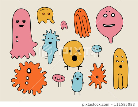 Set of cute colorful germs in flat cartoon style isolated on beige background. Simple hand drawn bacterias, childish doodles collection Set of cute colorful germs in flat cartoon style isolated on beige background. Simple hand drawn bacterias, childish doodles collection 111585088