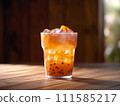 AI-generated content. Peach an papaya cocktail with ice, orange summer cocktail on a wooden table 111585217