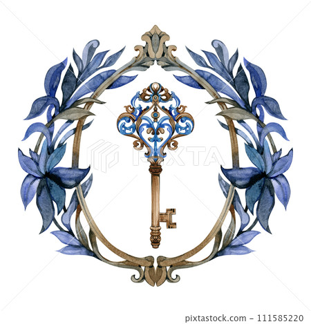 Watercolor hand drawn antique style illustration of curly ornamental key Concept image of home, security, mystery, for invitation card, postcard, stationary blank, restaurant opening. 111585220