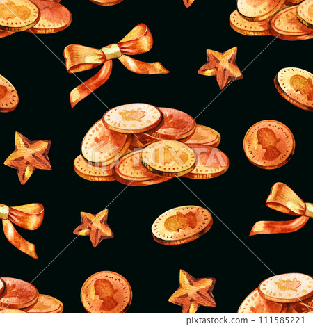 Watercolor illustration: Flying golden absract coins in different positions with hand drawn watercolor texture isolated on white background. Seamless ornament pattern. 111585221