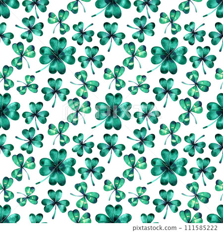 watercolor seamless pattern on the theme of st. patrick's day. green four-leaf clover leaves on a white background. holiday print 111585222