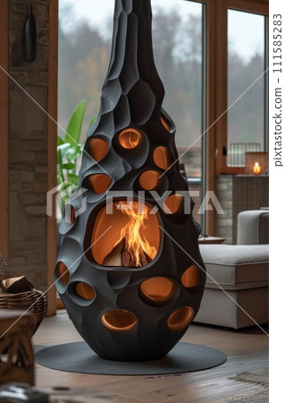 Modern designer black cast iron fireplace in a country house with a burning fire 111585283