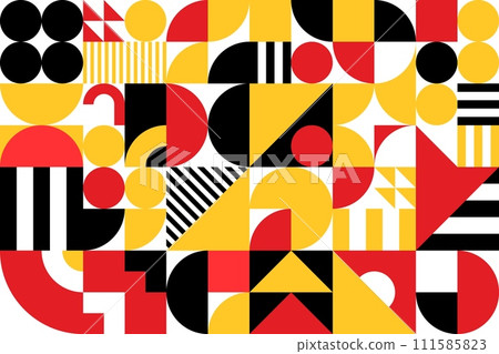 Yellow, red and black abstract modern geometric pattern in Bauhaus art, vector background. Geometric design or Bauhaus style mosaic pattern with minimal simple shapes and retro colors for trendy print 111585823