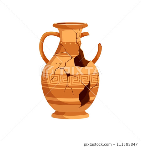 Ancient broken pottery and vase. Old ceramic cracked pot and jug. Isolated vector fragmented, patterned remnants of clay urn bear the scars of time, revealing the craftsmanship of bygone civilizations 111585847