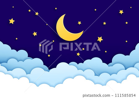 Paper cut crescent moon night sky, stars and clouds 3d vector background casting a celestial charm. Midnight serene cosmic scene with gentle glow twinkles upon a canvas of twinkles, wisps of cumulus 111585854