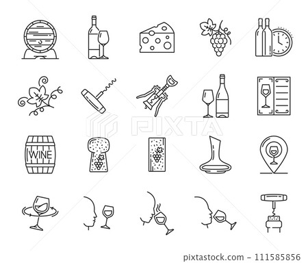 Wine outline icons of vector line bottles, glasses and barrels, vine, grapes, cheese, corks and corkscrew. Wine alcohol drink set with winery, bar and restaurant winecard, sommelier and wineglasses 111585856