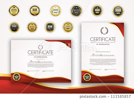 Red certificates, diploma award templates and golden seals, vector background. Brand award with laurel wreath and golden crown for best quality certificate, honor diploma and appreciation letter 111585857