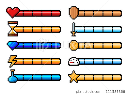 8bit pixel arcade game experience bars and energy levels, vector UI interface elements. Arcade video game life, power and health load, gauge, meters and progress bars with coins score in 8 bit pixel 111585866