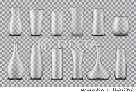 Realistic glass flower vases isolated 3d vector set. Transparent containers designed to hold and display fresh blossoms, come in various shapes and sizes, perfect for stylish elegant home decor 111585868