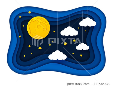 Paper cut night moon sky with stars clouds background, cartoon vector. Kids bedtime and dream paper cut night with starry sky and clouds hanging on threads in frame for childish nursery design Paper cut night moon sky with stars clouds background, cartoon vector. Kids bedtime and dream paper cut night with starry sky and clouds hanging on threads in frame for childish nursery design 111585870