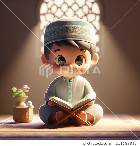 AI-generated content. Islamic Attire, 3D Cartoon Boy Reads Quran Happily 111585883
