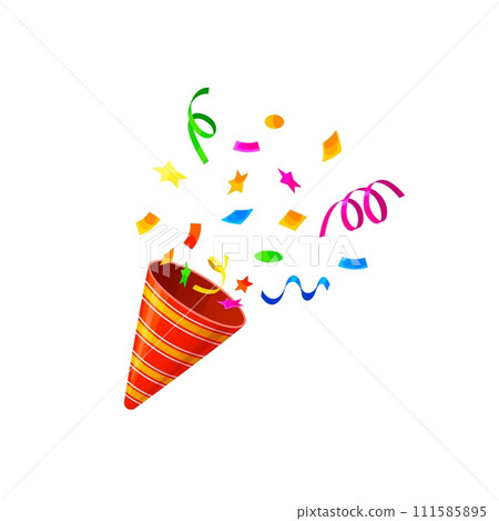 Holiday party popper striped cone, birthday firecracker with confetti, stars and paper ribbon. Isolated vector festive streamer launcher explode with a cascade of dazzling colors in a burst of cheer Holiday party popper striped cone, birthday firecracker with confetti, stars and paper ribbon. Isolated vector festive streamer launcher explode with a cascade of dazzling colors in a burst of cheer 111585895