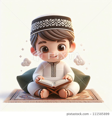 AI-generated content. Islamic Dress, 3D Animated Boy Smiles While Reading Quran 111585899