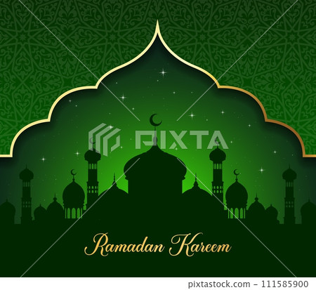 Ramadan Kareem holiday banner with Muslim mosque and crescent moon, vector background. Islam religious greeting with mosque silhouette, crescent moon and stars in night sky with arabesque pattern 111585900