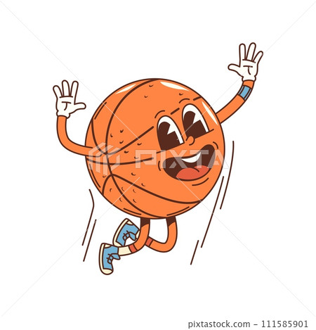 Cartoon groovy basketball ball character, isolated vector psychedelic personage, sport team mascot with a cheerful grin, bouncing into action with funky moves, spreading joy and energetic vibes Cartoon groovy basketball ball character, isolated vector psychedelic personage, sport team mascot with a cheerful grin, bouncing into action with funky moves, spreading joy and energetic vibes 111585901