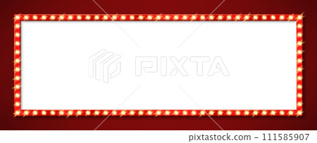 Broadway billboard, light bulb marquee frame, circus board, casino board, retro movie cinema signboard. Vector vibrant theatrical border, enticing audience to experience the magic of live performances 111585907
