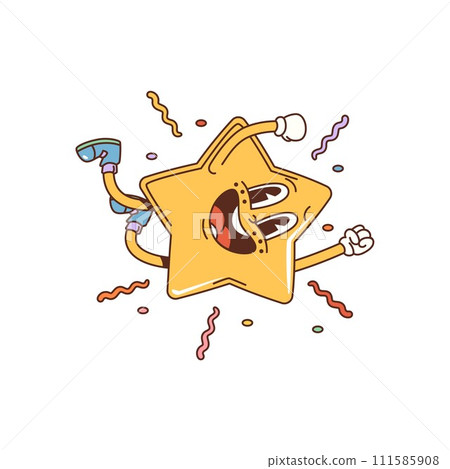 Cartoon star groovy character bursts with vibrant hues, radiating joy and energy. Isolated vector retro jubilant twinkle personage leap, exudes infectious enthusiasm, spreading cheer and joyous mood Cartoon star groovy character bursts with vibrant hues, radiating joy and energy. Isolated vector retro jubilant twinkle personage leap, exudes infectious enthusiasm, spreading cheer and joyous mood 111585908
