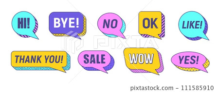 Memphis speech bubbles isolated vector set. Vibrant dialog elements or clouds featuring bold colors, thick outlines and dynamic visual typography hi, bye, no, ok and like, thank you, sale, wow and yes 111585910