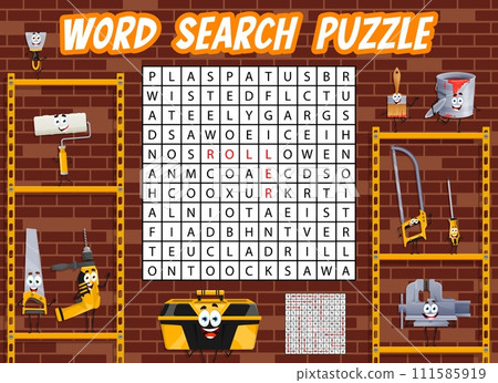 Word search puzzle game to find cartoon DIY and repair tool characters, vector quiz worksheet. Guess and find word in cross grid, carpentry screwdriver and woodworking drill with handsaw for kids game 111585919
