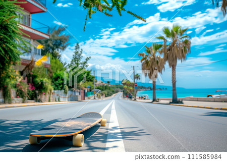 A skateboard sits idly on the side of the road, waiting for its rider. Street view with palm and lonely long board 111585984