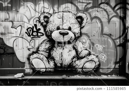 Teddy bear graffiti on a wall in street art style. Black and white photo 111585985