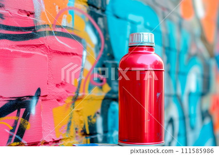 Graffiti spray can on a colorful graffiti wall. Street art concept. 111585986