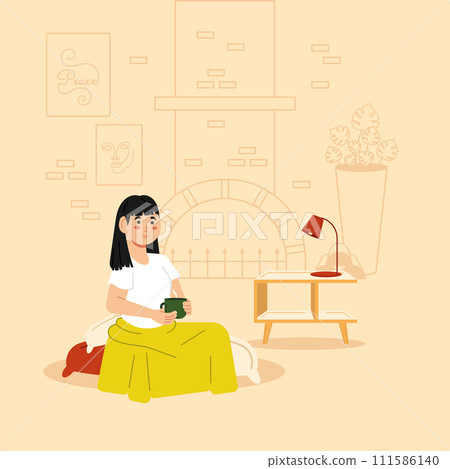 Relaxed woman taking a coffee cup Hygge concept Vector 111586140
