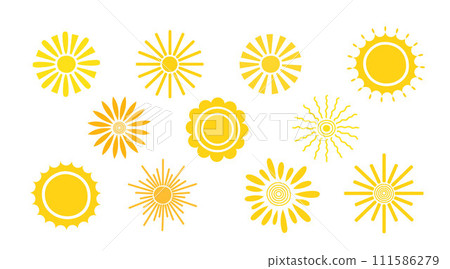 Simple yellow suns set vector flat illustration with round shape middle and beams, cute summer image for making cards, decor, vacation concept, holiday and summertime design for children Simple yellow suns set vector flat illustration with round shape middle and beams, cute summer image for making cards, decor, vacation concept, holiday and summertime design for children 111586279