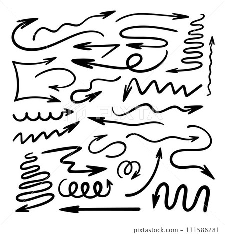 Arrows set simple hand drawn vector illustration, free form curved, straight signs pointing different directions Arrows set simple hand drawn vector illustration, free form curved, straight signs pointing different directions 111586281
